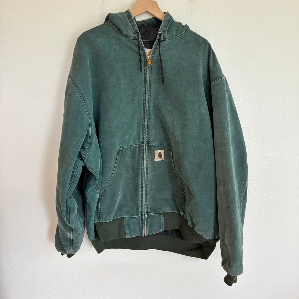 Vtg Carhartt Hooded Jacket Men 3XL Green Canvas Quilt Lined Workwear J130 HTG